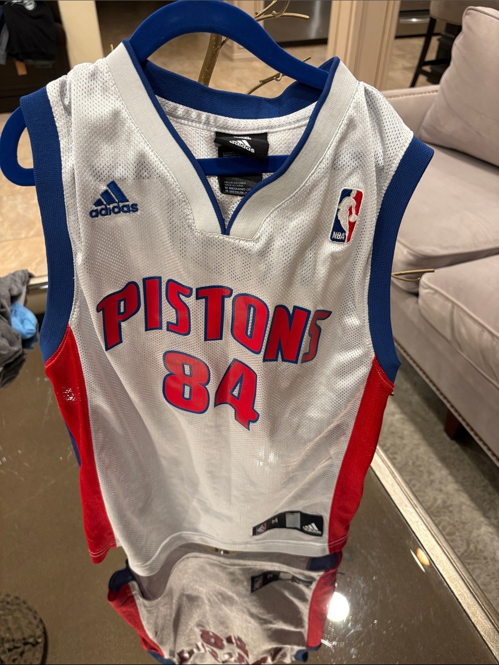 adidas White Detroit Pistons #84 Jersey with Red and Blue Accents